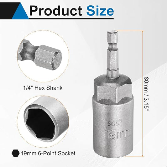 HARFINGTON 5pcs Nut Driver Drill Bit 19mm Metric Socket 1/4" Hex Shank 3.15" (80mm) Long 6-Point Sockets Quick Change CR-V Steel Bolt Setters for Power Drill Drivers
