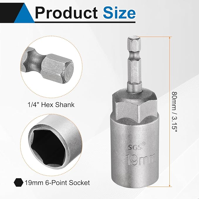 HARFINGTON Nut Driver Drill Bit 19mm Metric Socket 1/4" Hex Shank 3.15" (80mm) Long 6-Point Sockets Quick Change CR-V Steel Bolt Setters for Power Drill Drivers