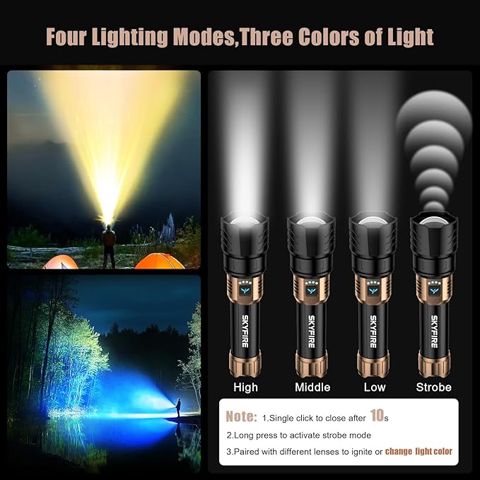 SKYFIRE LED Flashlights High Lumens with Ignition Lens&Color-Changing Yellow/Blue Lenses,2000lm Super Bright Rechargeable,Zoomable,4 Modes,Waterproof Tactical Light for Camping,Outdoor,Home&Gifts