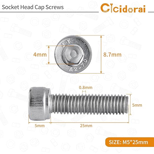 Cicidorai M5-0.8 x 25mm Socket Head Cap Screws Bolts, 304 Stainless Steel (A2-70), Allen Socket Drive, Bright Finish, Full Machine Threads, Quantity 50