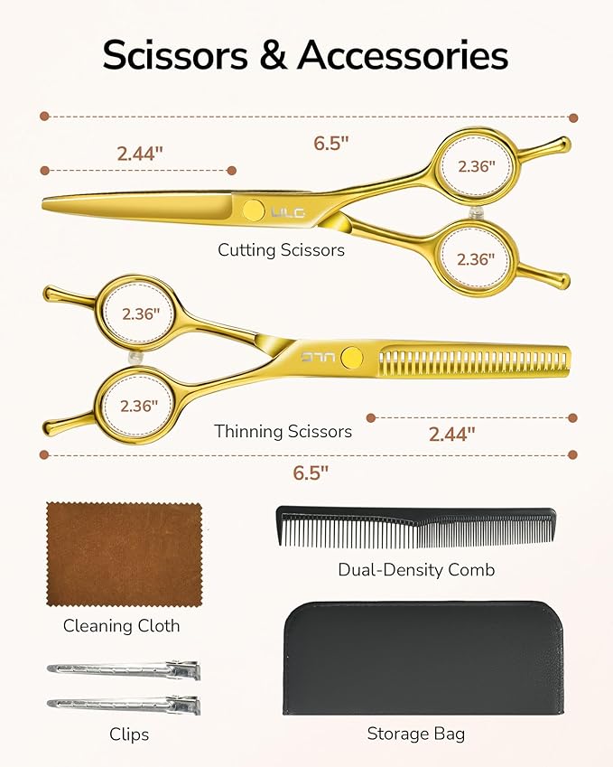 ULG Professional Hair Cutting Scissors Set ??6.5??Japanese Stainless Steel Barber Shears & Thinning Scissors with Comb, Clips & Case ??at-Home Salon Haircut Kit Gold