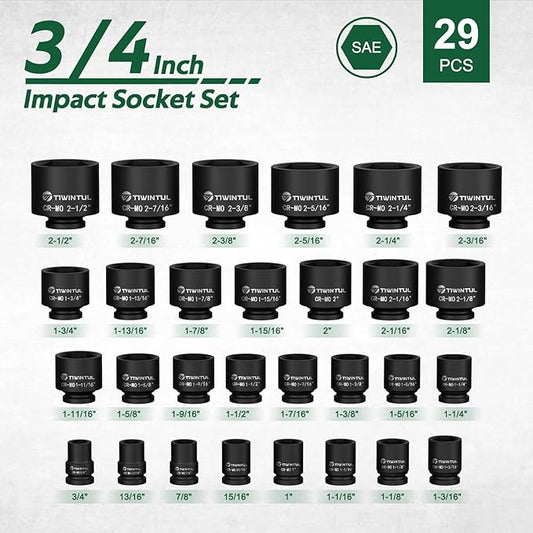 3/4" Drive Impact Socket Set, CR-MO Steel, SAE 3/4" - 2-1/2", 29 Pieces Jumbo Socket Set with a Storage Cage, Heavy Duty Impact & Large Socket Set for Industrial Trucks, Machinery
