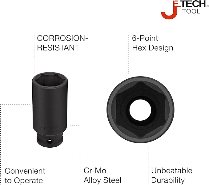 Jetech 1/2 Inch Drive 1-1/16 Inch Deep Impact Socket, Made with Heat-Treated Chrome Molybdenum Alloy Steel, 6-Point Design, SAE