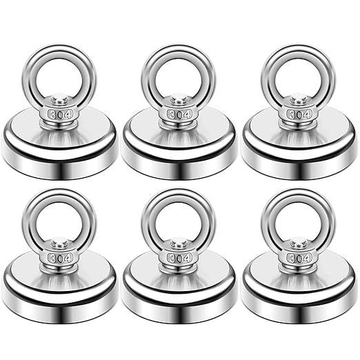 DIYMAG Magnetic Hooks, 60 Lbs(27 KG) Pulling Force Rare Earth Magnetics Hook with Countersunk Hole Eyebolt for Workplace, Home, Kitchen, Fishing, Office and Garage, Pack of 6, Silver, DIY-NJ25-6P