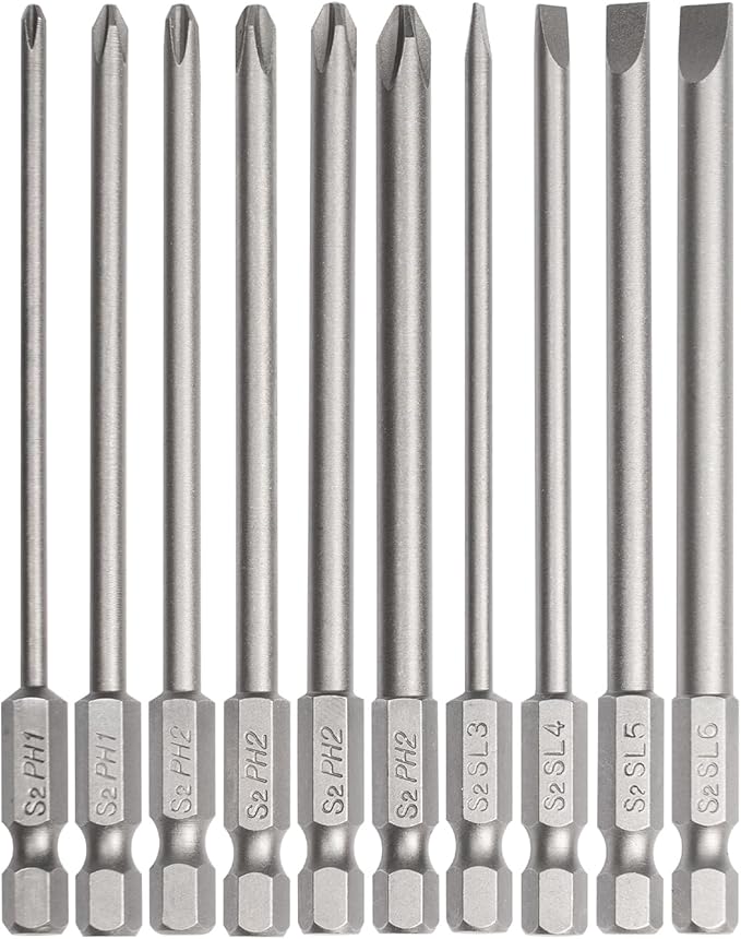 Long Screwdriver Bit Set, 10 PCS Magnetic Slotted Phillips Drill Bit Set, 1/4 Inch Hex Shank 4 Inch/100 mm, S2 Steel for Power Screwdriver Drill Impact Driver