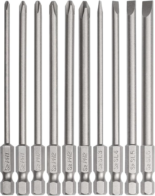 Long Screwdriver Bit Set, 10 PCS Magnetic Slotted Phillips Drill Bit Set, 1/4 Inch Hex Shank 4 Inch/100 mm, S2 Steel for Power Screwdriver Drill Impact Driver