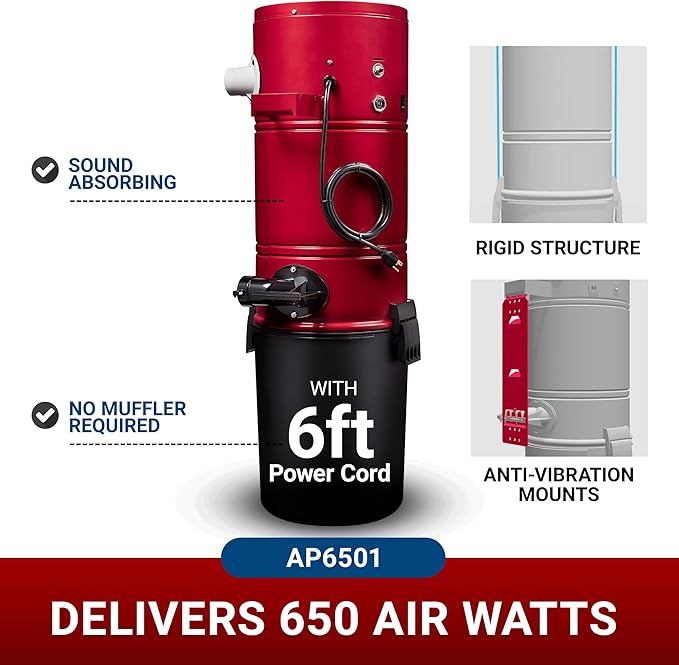 Drainvac Broan-nutone 650 Air watts Residential Central Vacuum System - Advanced HEPA Filtration with 99.97% dust and microparticle Capture, Anti-Vibration, Powerful Suction