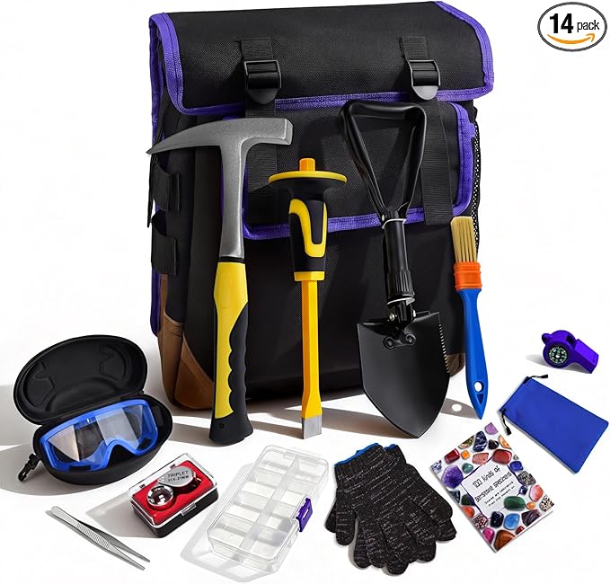 14PCS Geology Rock Hounding Kit, 30oz Rock Pick Hammer with 12" Chisel, Gold Mining & Prospecting Equipment Tool with Backpack, Shovel, Magnifier, Whistle