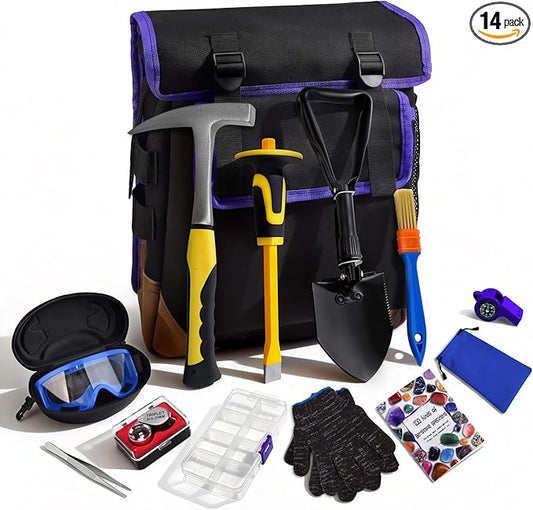 14PCS Geology Rock Hounding Kit, 30oz Rock Pick Hammer with 12" Chisel, Gold Mining & Prospecting Equipment Tool with Backpack, Shovel, Magnifier, Whistle