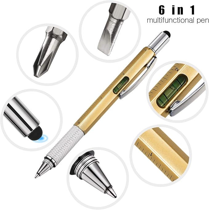 Zhanmai 16 Pcs Multitool Pens 6 in 1 Multi-tool Pen Set with Refills for Men's Birthday Gifts, Christmas Stocking Stuffers for Men Dad Husband (Gold Color)