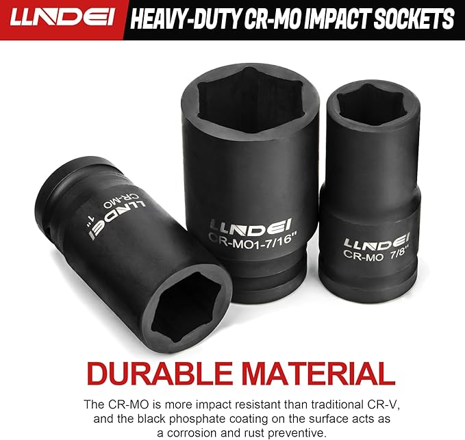 LLNDEI 3/4 inch Drive Impact Socket Set, 12 Piece Heavy Duty CR-MO Deep/Jumbo Sockets 6 Point Design, SAE 3/4" to 1-9/16", for Large Vehicle and Apparatus Maintenance