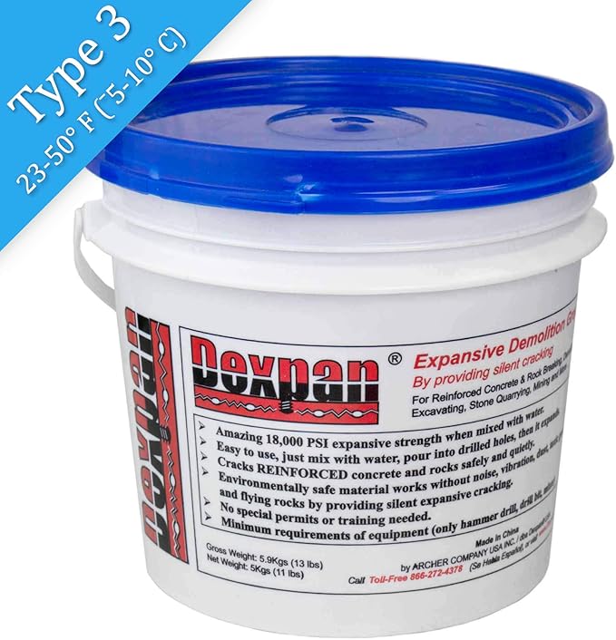 Expansive Demolition Grout 11 Lb. Bucket for Rock Breaking, Concrete Cutting, Excavating. Alternative to Demolition Jack Hammer Breaker, Jackhammer, Concrete Saw, Rock Drill (#3 (23F-50F))