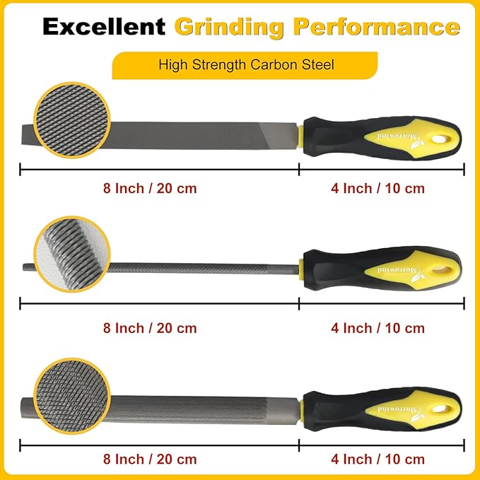 MORROWIND 3 Pcs Metal File Set, 8-Inch Carbon Steel Files with Flat, Half-Round, and Round Shapes, Heavy-Duty Hand Tools for Metal, Wood, Plastic and More, Yellow