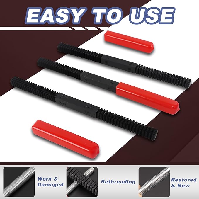 3Pcs Thread File Set, Thread Restorer File Set, Thread Restoring Chaser Files Metric and SAE, High Carbon Steel Thread Repair Tool for Thread Repair File Set, Thread Cleaner Tool