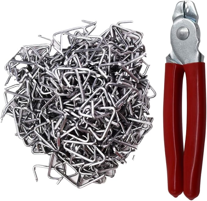 HARDK Hog Ring Pliers set Straight with 500PCS Galvanized Hog Rings - Perfect for Furniture Upholstery, Auto Upholstery, Plastic Meat & Sausage Casings