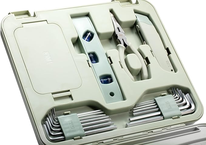 TINKR Modern Tool Box Workstation ??Full Tool Set with Hammer, Ratchet Screwdriver, Allen Keys, Wrench, Knife, Tape Measure, Level, Pliers & Phone Holder
