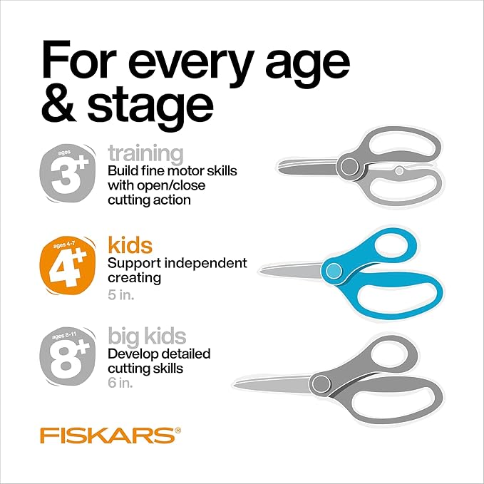Fiskars 5" Pointed-Tip Scissors for Kids 4-7 with Non-Stick Blades (3-Pack) - Scissors for School or Crafting - Back to School Supplies - Sports Design