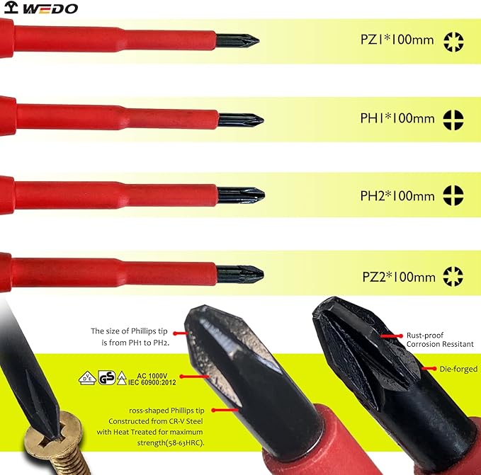 WEDO 12PCS Insulated Precision Screwdriver Set for Electrician,4PCS Slotted Screwdriver,2PCS Phillips Screwdriver,Pozidriv and Torx Screwdriver,Voltage tester,Chrome Vanadium Steel,VDE 1000V,IEC 60900