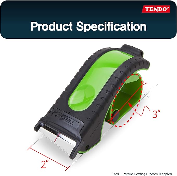 Heavy Duty Shipping Tape Dispenser: TENDO째 Essential Line ??Reusable, Replaceable, Eco-Friendly 2?쇺?Master Piece Dispenser with Patented 10째 Sloped Chromium Blades - P-1200 (3th Gen.)_Green