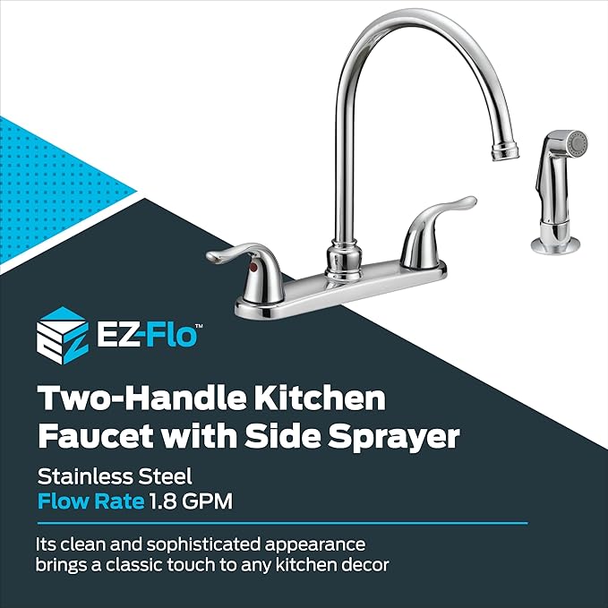 EZ-FLO Two-Handle High-Rise Kitchen Faucet with Sidespray, Stainless Steel, EZ-10201