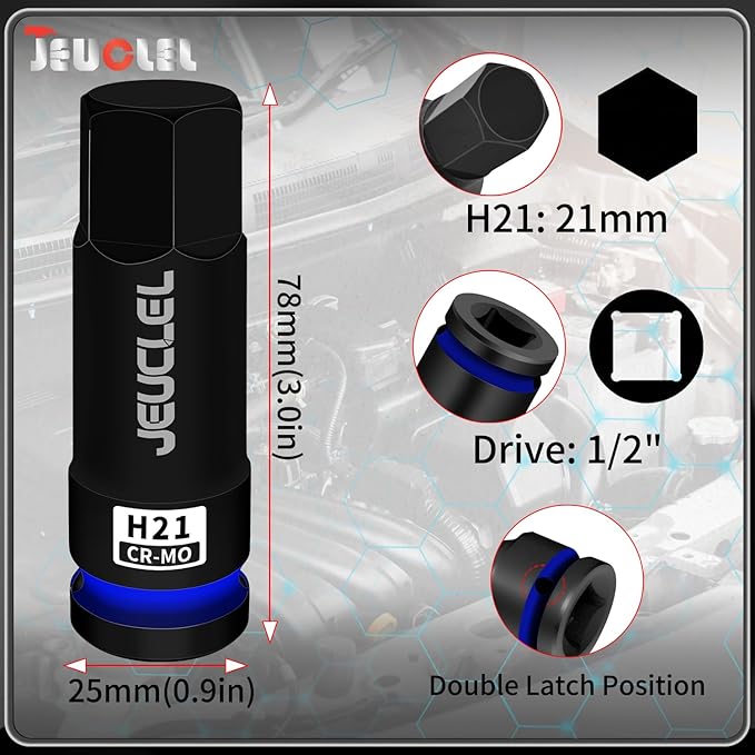 21mm Hex Impact Bit Socket, H21 1/2-Inch Impact Drive Allen Socket, Cr-Mo Steel Lengthen Hex Screwdriver Adapter for Electric Ratchet Wrenches Fastening Screws