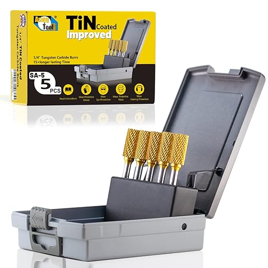 SA-5 5pcs Tungsten Carbide Burr TiN Rotary File Cylindrical Shape Double Cut for Die Grinder Drill Bits 1/4'' Inch Diameter of Shank and 1/2'' Inch Diameter of Cutter 1'' Inch Cutter Length