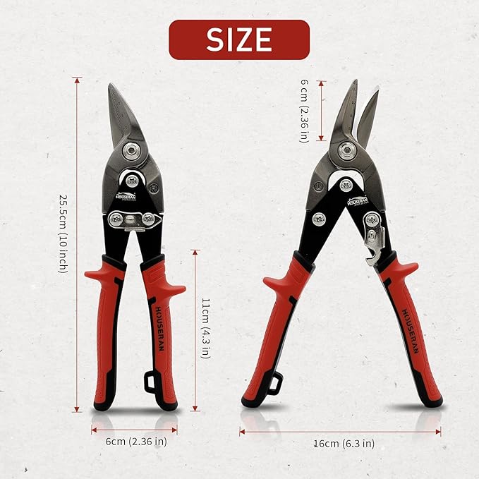 10 Inch Aviation Tin Snips Set of 2, Left and Right Cut Offset Stainless Steel Tin Snip, Heavy Duty Metal Cutter with Hang Hole, Scale Markings and Safety Latch, for Cutting Metal Sheet