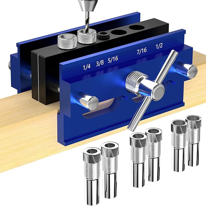 Self Centering Dowel Jig Kit, Drill Guide Jig Block for Straight Holes with 6PCS Drill Bushings, Premium Self Centering Doweling Jig Kit for Woodworking, Adjustable Width Biscuit Joiner Tool