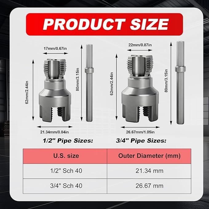 2PCS Pipe Threading Tool, 1/2" & 3/4" Dual-Function Internal & External Pipe Threader Kit, Alloy Steel Thread Cutting Tool for Water Pipes, Electric Drill Compatible, Fast DIY Plumbing Solution