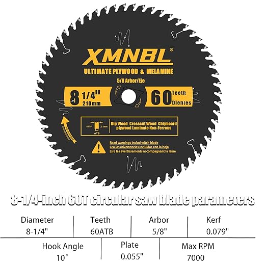 8-1/4 Inch Table Saw Blade 60 Teeth,8-1/4 Framing Blade for Cutting Hardwoods, Softwoods,Veneer Plywoods and Other Woods Fine Finishing Saw Blade,Quality Alloy Tip,60ATB,Shafts 5/8 Inch