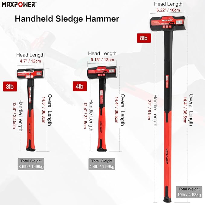 MAXPOWER 3lb Sledge Hammer, Drop forged Steel Head, 12.8 inch Fiberglass Handle Shock-Resistant