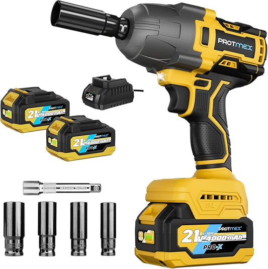 900Ft-lbs (1200N.m) Impact Wrench, 1/2" Cordless Impact Gun, 21V High Torque Brushless Impact Driver, 2x4.0Ah Batteries Electric Impact Motor Variable Speeds for Car/Pickup Truck/Mower, Yellow