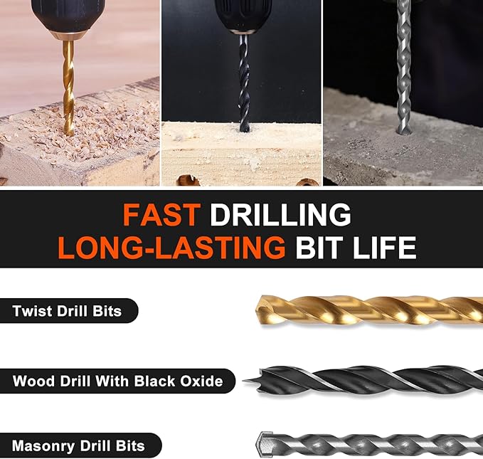 COMOWARE 400Pcs Drill Bits Set竊?95Pcs Impact Drill Bits with 205Pcs Wood Screws Anchors, Titanium Twist Dill Bits Brad Point Impact Screwdriver Bits Set with Tough Case for Concrete Masonry Wood
