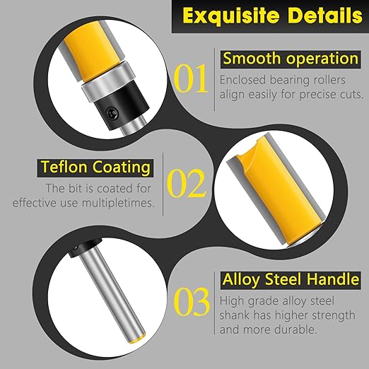 Straight Router Bits Feanron Router Guide Tool ,4 Pcs 1/4 Shank Wood Cutter Woodworking Tools Top Bearing Flush Trim Router Bits Set for Woodworking,Home DIY and Lettering (Yellow)