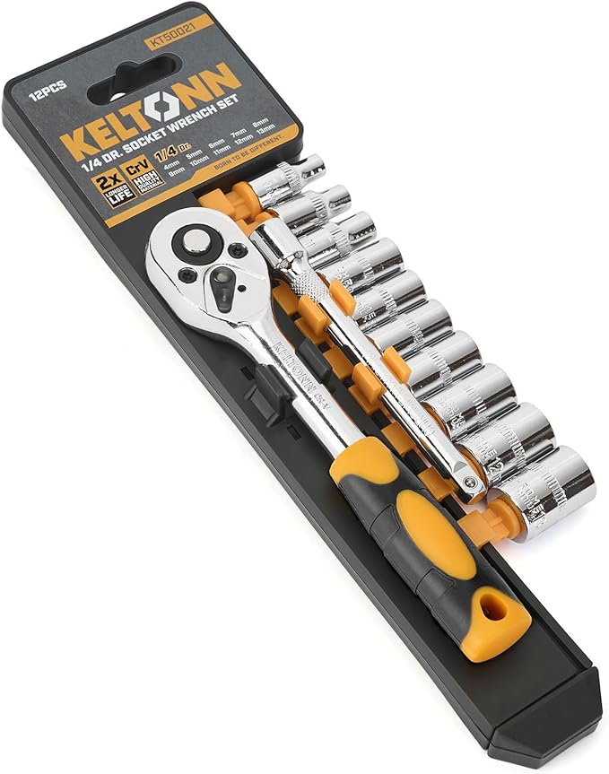 Ratchet Socket Wrench Set Metric, 12PCS Drive Mini Socket Kit with CR-V Steel Sockets (4??3mm) 1/4 Inch, Quick-Release Reversible Ratchet and Extension Bar for Automotive, DIY and Home Repair