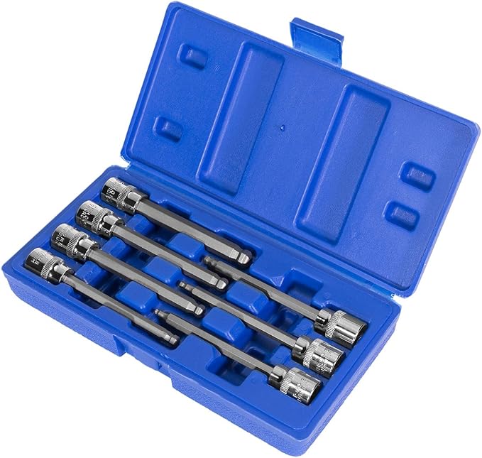 Stark 3/8 Inch Drive Long Ball End Hex Bit Socket Set, 7-Piece Metric Allen Socket Set 3mm to 10mm S2 Steel Bits with Carrying Case