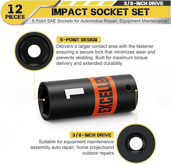 12 Pieces 3/8-Inch Drive Impact Socket Set, 5/16" to 1" Deep Socket, 6 Point SAE Sockets for Automotive Repair, Equipment Maintenance