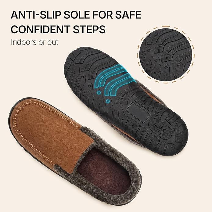 ATHMILE Men's Moccasin House Slippers, Memory Foam Arch Support, Plush Fuzzy Lining, Non-Slip Rubber Sole for Indoor/Outdoor Winter Comfort