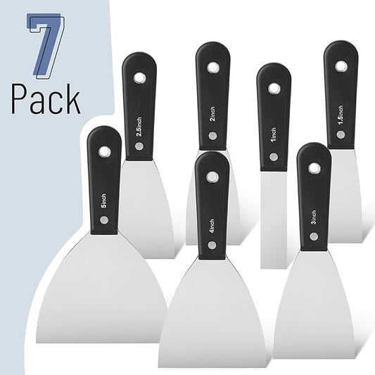 Bates- Putty Knife Set, 7 pcs, Stainless Steel, 1" 1.5" 2" 2.5" 3" 4" 5" Flexible Metal Scraper, Drywall Spackle Knife, Metal Paint Scraper Tool, Putty Knife Scraper, Wall Scraper, Drywall Knife
