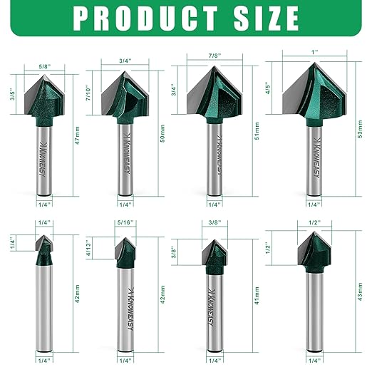 Knoweasy 8-Piece 90 Degree V-Groove Router Bit Set with 1/4-Inch Shank, Carbide Tipped 2-Flute Engraving Bits for Woodworking, Includes 1/4 to 1 Inch Cutting Diameters for Chamfering and Beveling