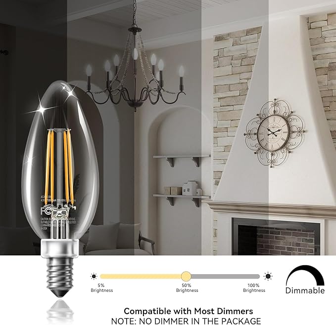 TJOY LED Candelabra Bulbs Dimmable, 60W Equivalent Chandelier Light Bulb, E12 Small Base, 4.5W 2200K Amber Warm White, B11 Vintage Filament Clear Glass Candle Light for Ceiling Fan Chandeliers, 12Pack