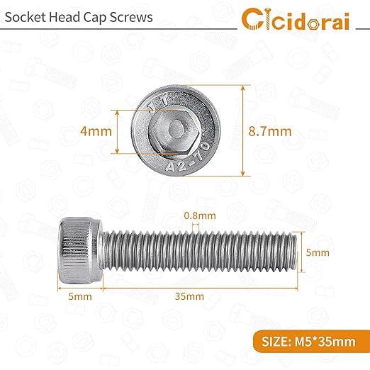 Cicidorai M5-0.8 x 35mm Socket Head Cap Screws Bolts, 304 Stainless Steel (A2-70), Allen Socket Drive, Bright Finish, Full Machine Threads, Quantity 25