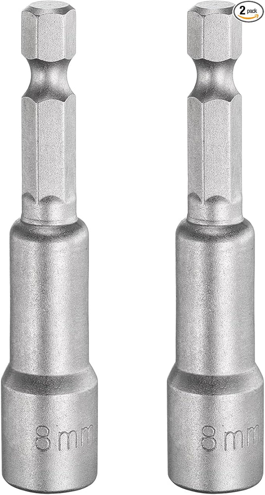 HARFINGTON 2pcs Nut Driver Drill Bit 8mm Metric Socket 1/4" Hex Shank 2.56" (65mm) Long Magnetic 6-Point Sockets Quick Change CR-V Steel Bolt Setters for Power Drill Drivers