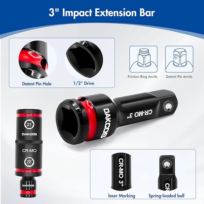 Lug Nut Impact Socket Set,Double Ended Thin Wall Wheel Socket Set with 3" Extension Bar, Metric 17-19 21-22 mm & SAE 3/4"-13/16", 7/8"-15/16", Cr-Mo Steel