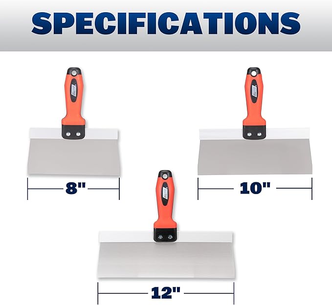 WAL-BOARD TOOLS 3 Peice Stainless Drywall Taping Knife Set, 8-12 Inch Finishing Tools, Made in the USA DTKTP1