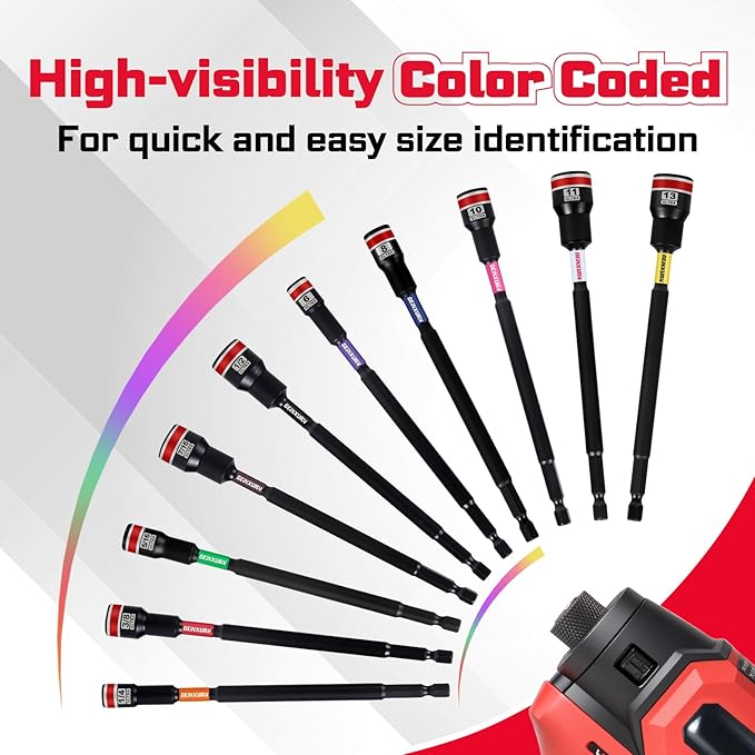 Impact Nut Driver Set, 10 Pieces 6?쒵ong 6mm,8mm,10mm,11mm,13mm 1/4??/16??/8??/16??/2?? Point Alloy Steel Magnetic Metric/SAE Nut Setter Set 1/4 Hex Shank Impact Driver with Case Box