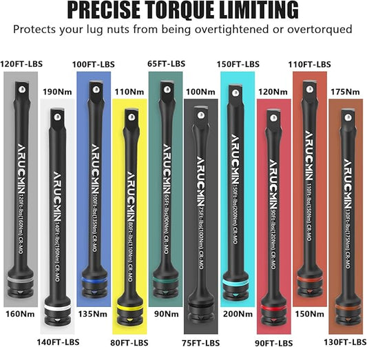 1/2" Drive Torque Limiting Extension Bar Set, 10-Piece Lug Nut Torque Stick Set With 8 Inch Color-Coded 65 to 150 Ft-Lbs Torque Sticks