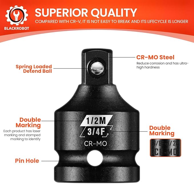 BLACKROBOT Impact Socket Adapter Set 8PCS, 1??/4??/2??3/8??/4?쒾quare Drive, Reducer for Impact Driver Wrench Drive Conversion, Cr-Mo Steel Exceeds ANSI Standards with Portable Case