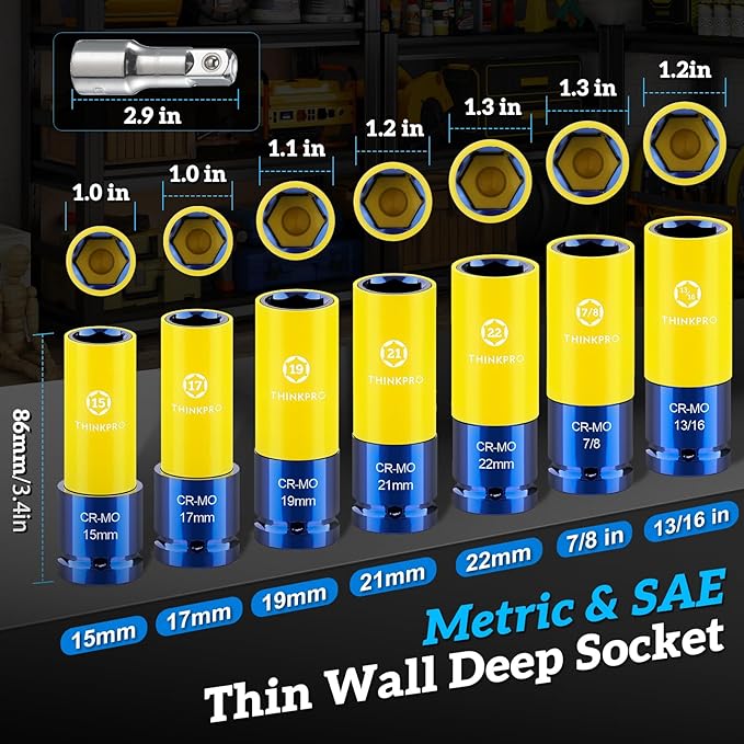 Impact Lug Nut Socket-8 Pieces Thin Wall Impact Sockets,Non-Marring Impact Socket Set,1/2 Deep Wheel Protector Metric 15 17 19 21 22 MM & SAE 13/16 7/8 in.Cr-Mo Steel