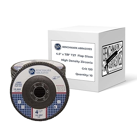Benchmark Abrasives 4.5" x 7/8" Premium High Density Jumbo Zirconia Type 27 Flap Discs 4 1/2 for Angle Grinder, Sanding Discs, Finishing - Grinding Wheels 4 1/2 inch - (10 Pack) - 120